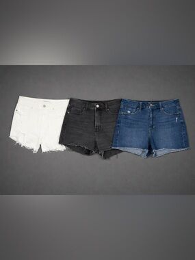 Size 10 - 3 Pair Bundle | Denim Cutoff Shorts Trio in White, Black & Blue LNC
